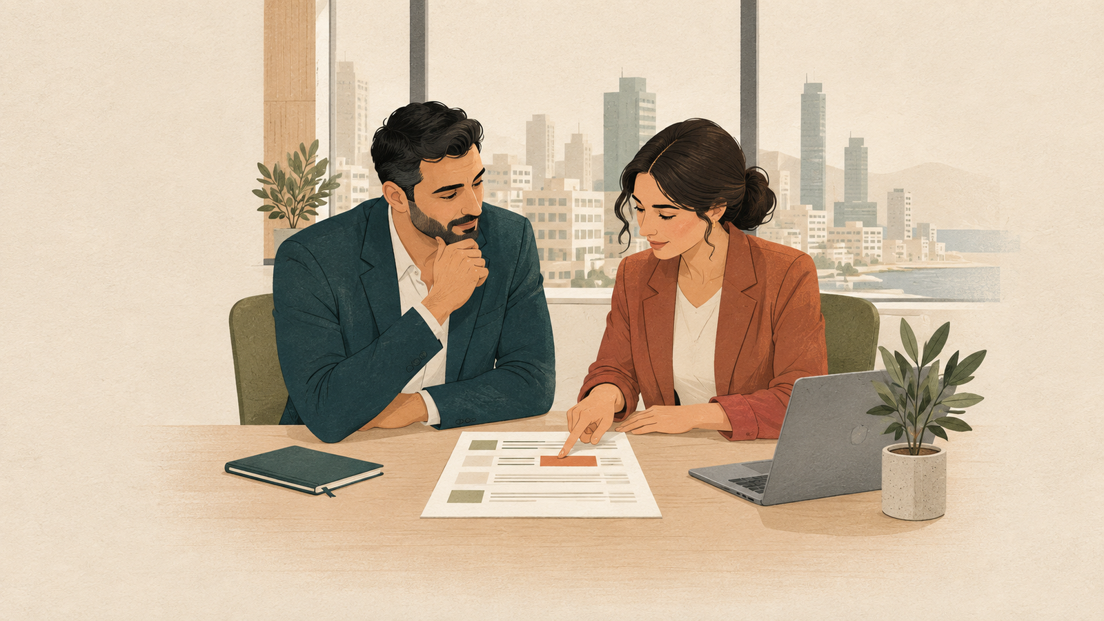 Editorial illustration of a collaborative employee performance review in a Lebanese SME.